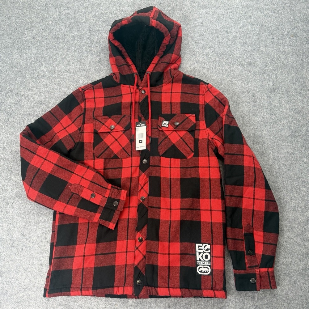 Ecko Unltd Sherpa Lined Hooded Flannel Jacket Red Black Buffalo Plaid Mens M
